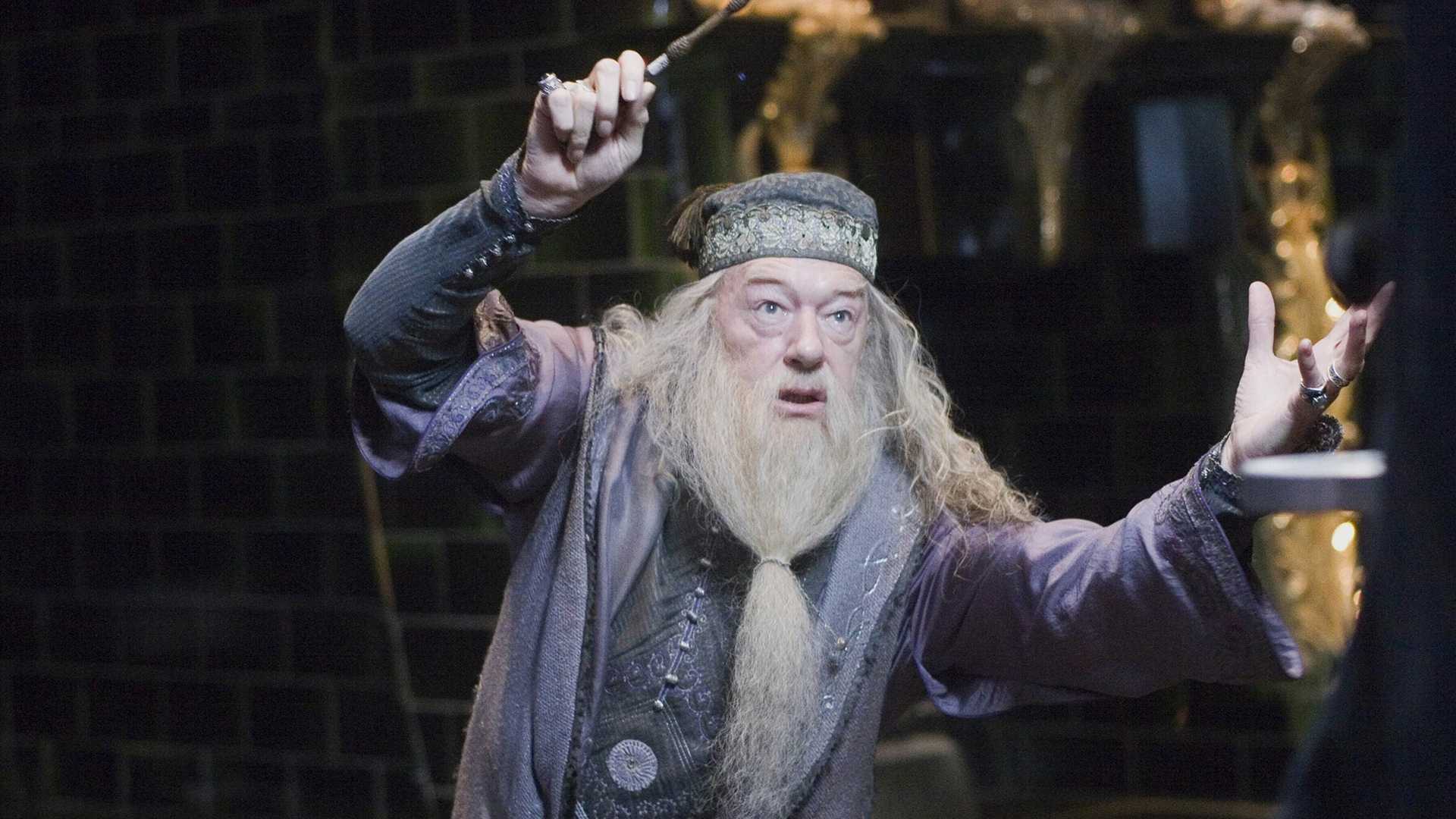 Dumbledore holding up his wand in Harry Potter and the Order of the Phoenix