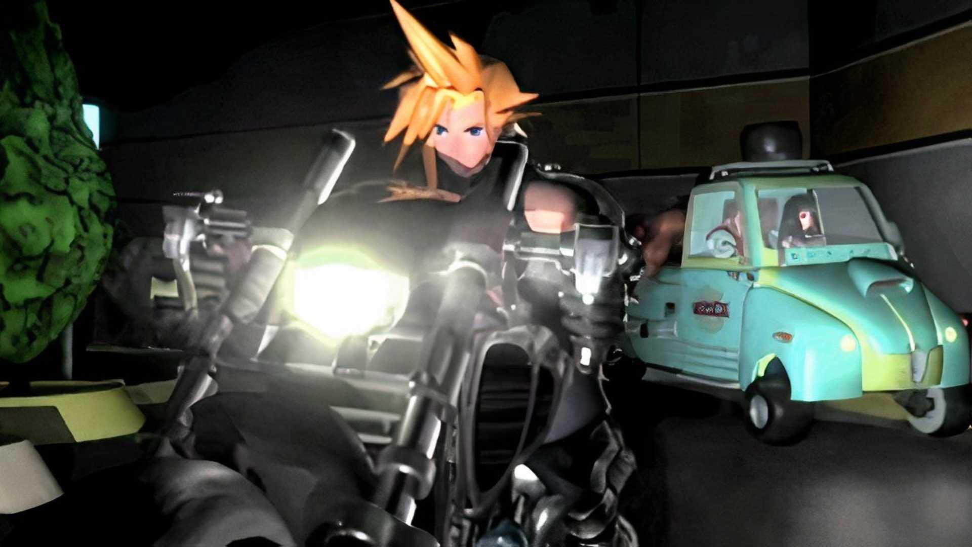 Final Fantasy 7 Cloud riding a motorcycle PS1