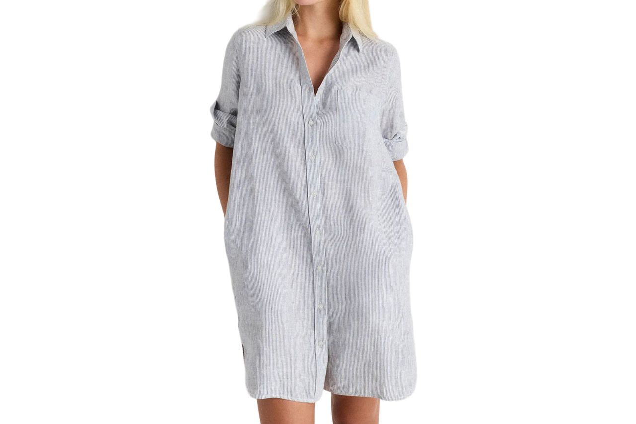 100% European Linen Shirt Dress in Blue Pinstripe