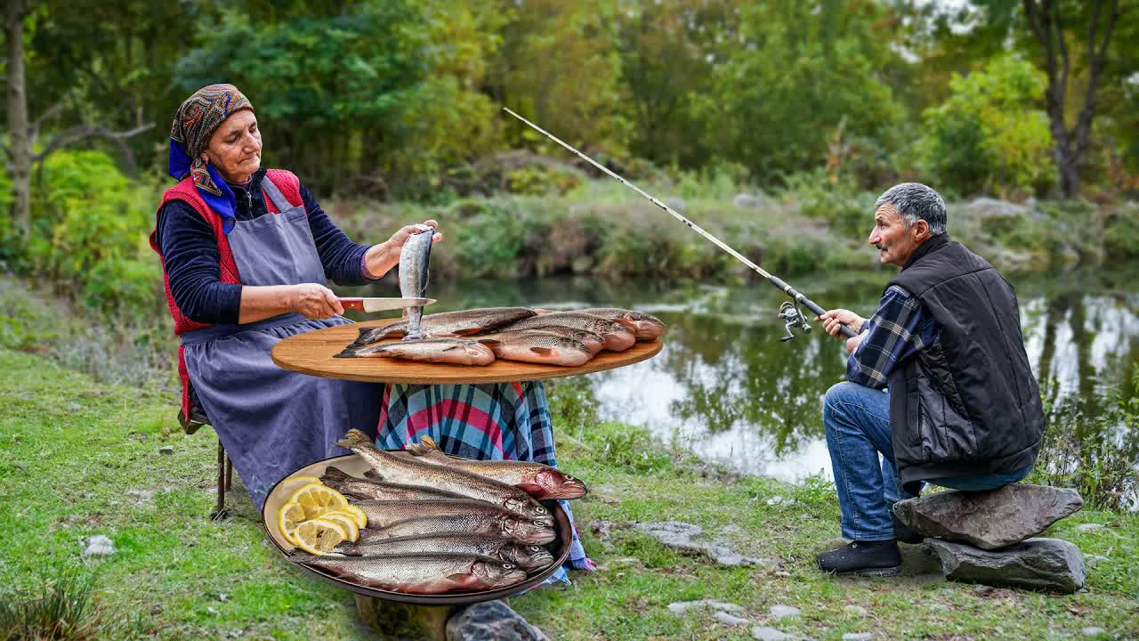 Simple mountain cooking with fish and green onions