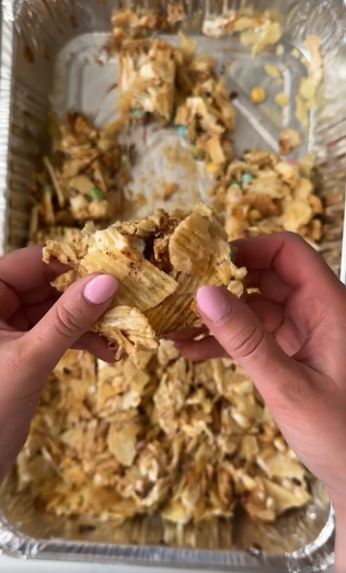 This fun snack combines crunchy chips with sweet candy