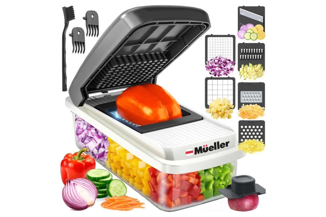 Mueller Vegetable Chopper Mandoline Slicer, Food Veggie Chopper, Cheese Grater, Onion Vegetable Cutter with Container, Dicer, Kitchen Gadgets & Essentials, White Sand/Grey