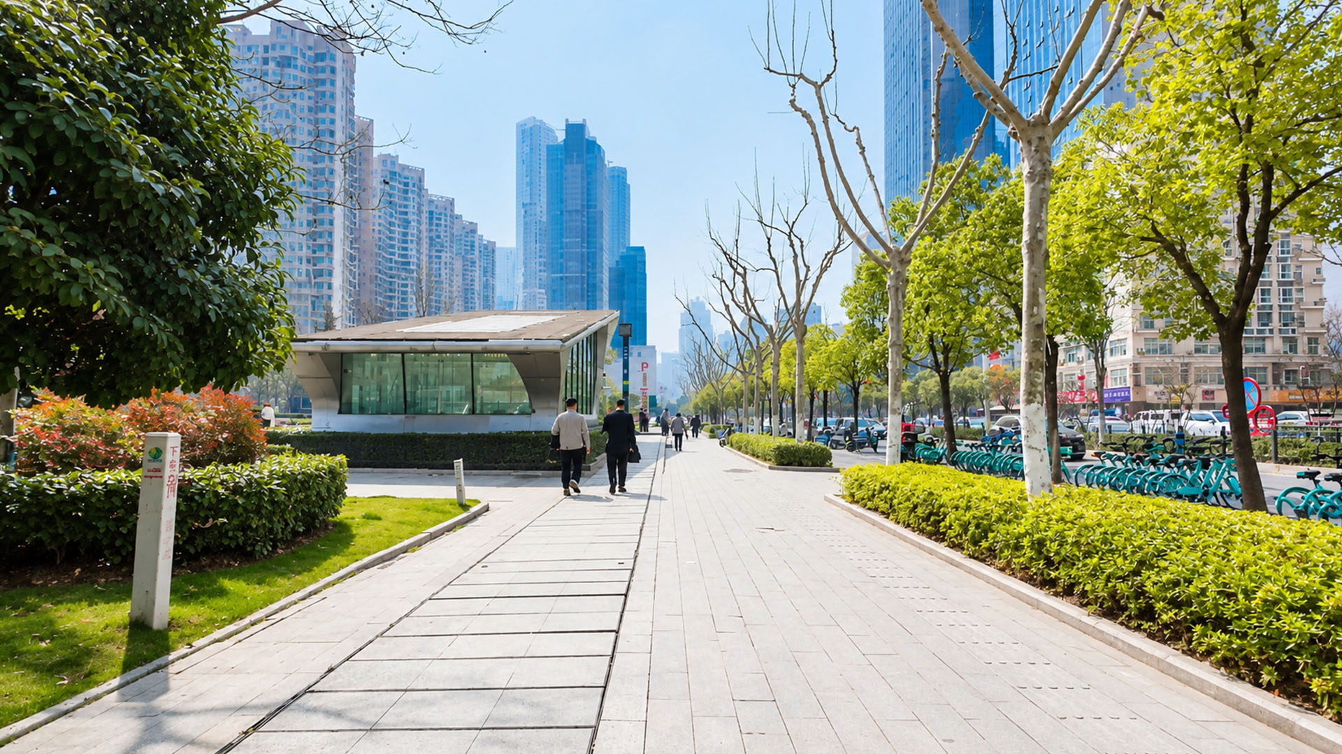 A quiet walkway reveals China’s green side between tall towers