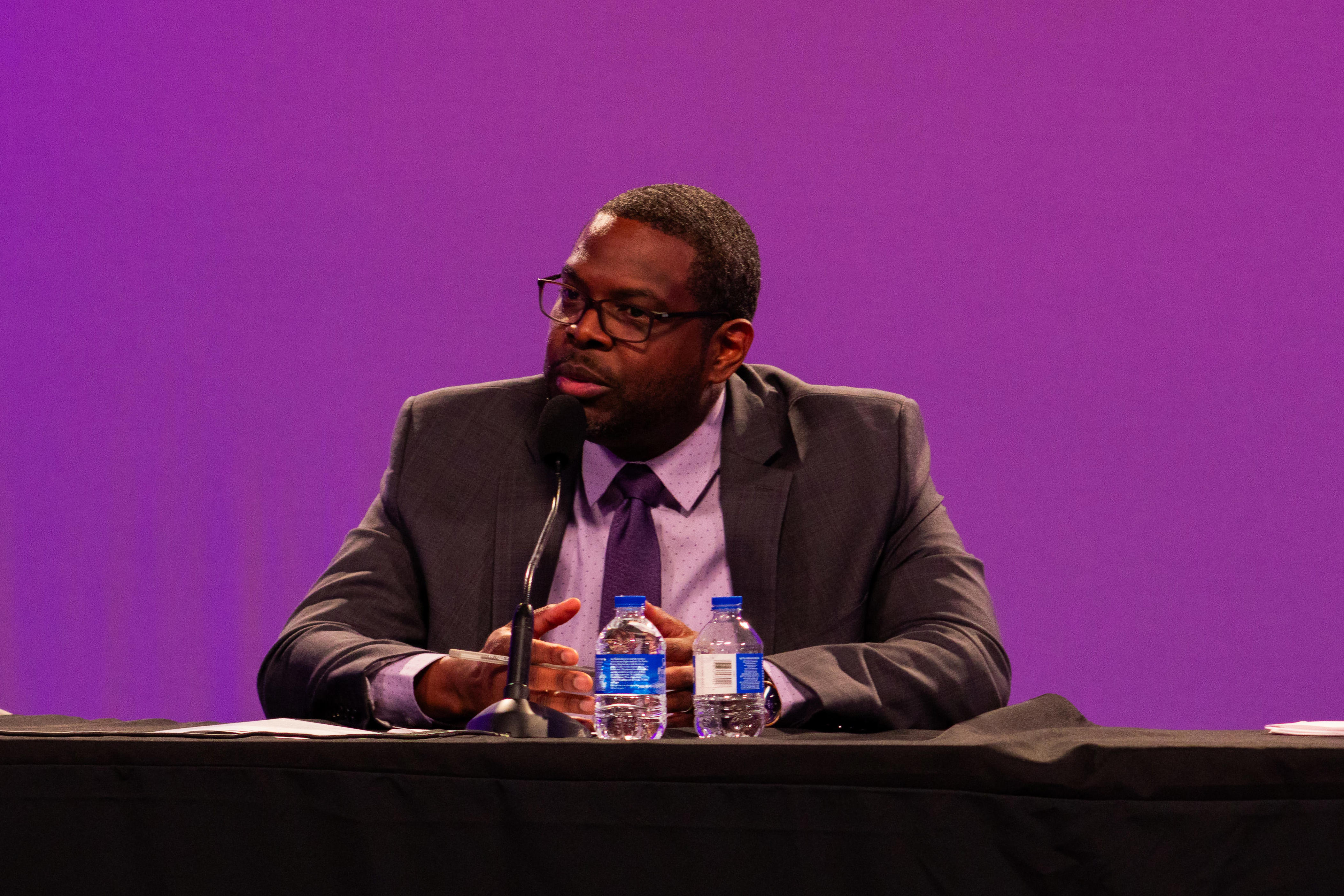 Leon County School Board District 5 candidate and incumbent Marcus Bernard Nicolas participates in a candidate forum with his opponents on Tuesday, June 23, 2026.