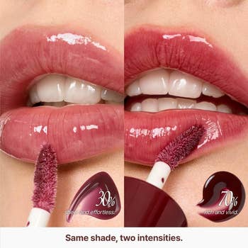 Close-up of lips with gloss, comparing two lipstick intensities: left side sheer with 30% coverage, right side bold with 70% coverage