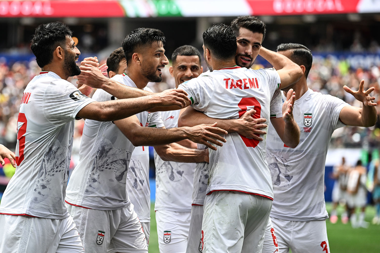 Mehdi Taremi of Iran celebrates a goal against Belgium on June 21 in Los Angeles, Calif. (Shaun Clark / ISI Photos via Getty Images)
