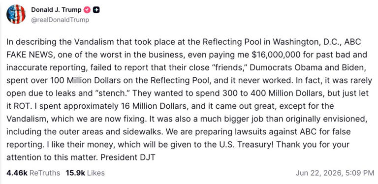 Trump threatens ABC News with new lawsuits over Reflecting Pool report ...