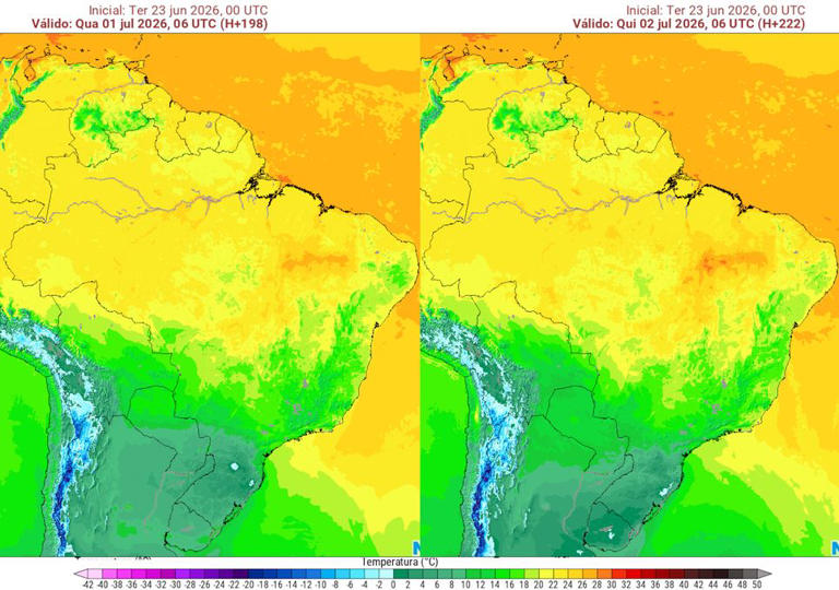 Previsão de temperaturas na quarta-feira (esquerda) e quinta-feira (direita) da semana que vem mostram que, novamente, temperaturas negativas serão registradas na região Sul.
