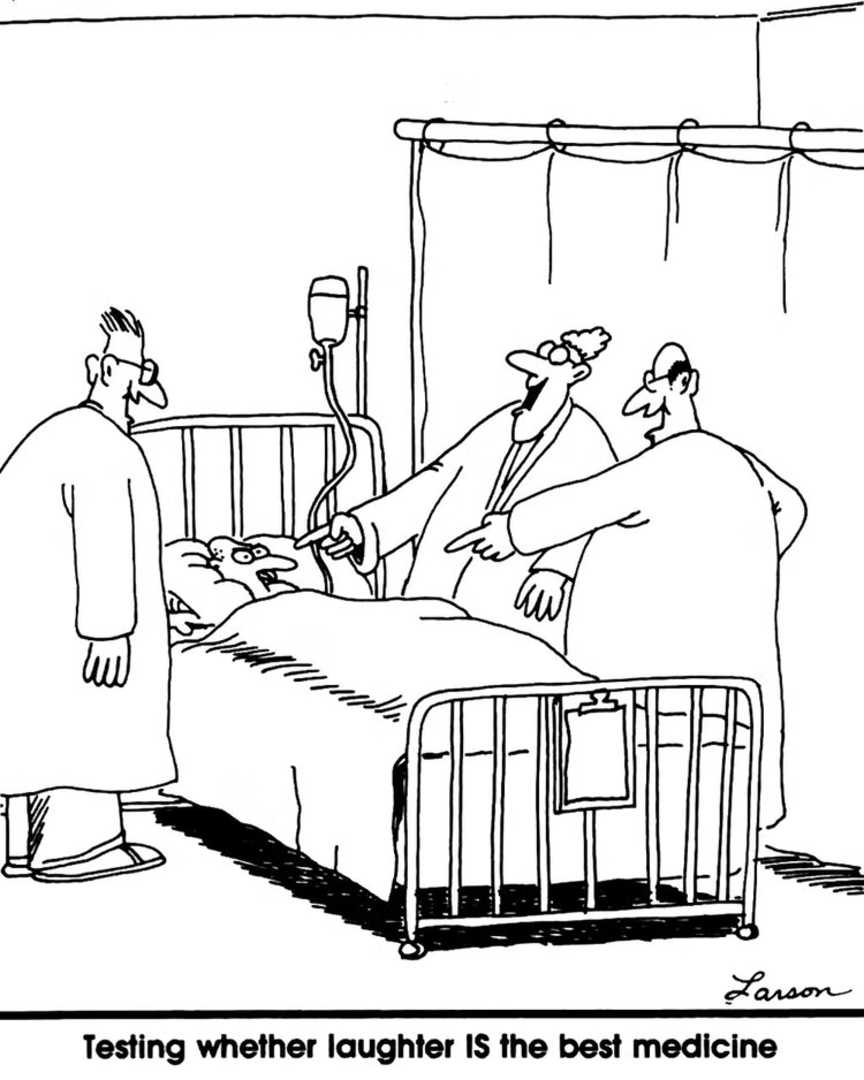 A group of doctors pointing and laughing at their patient to test if laughter is the best medicine
