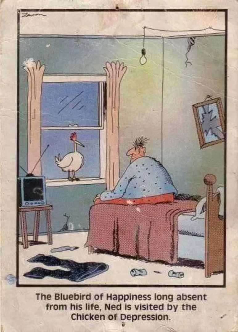 A man sitting in bed staring at the Chicken of Depression in his window