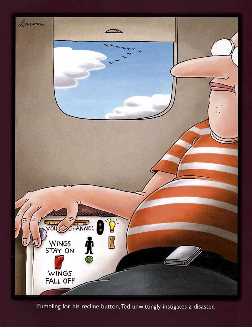 A man on an airplane with his hand hovering over a "wings stay on/wings fall off" switch