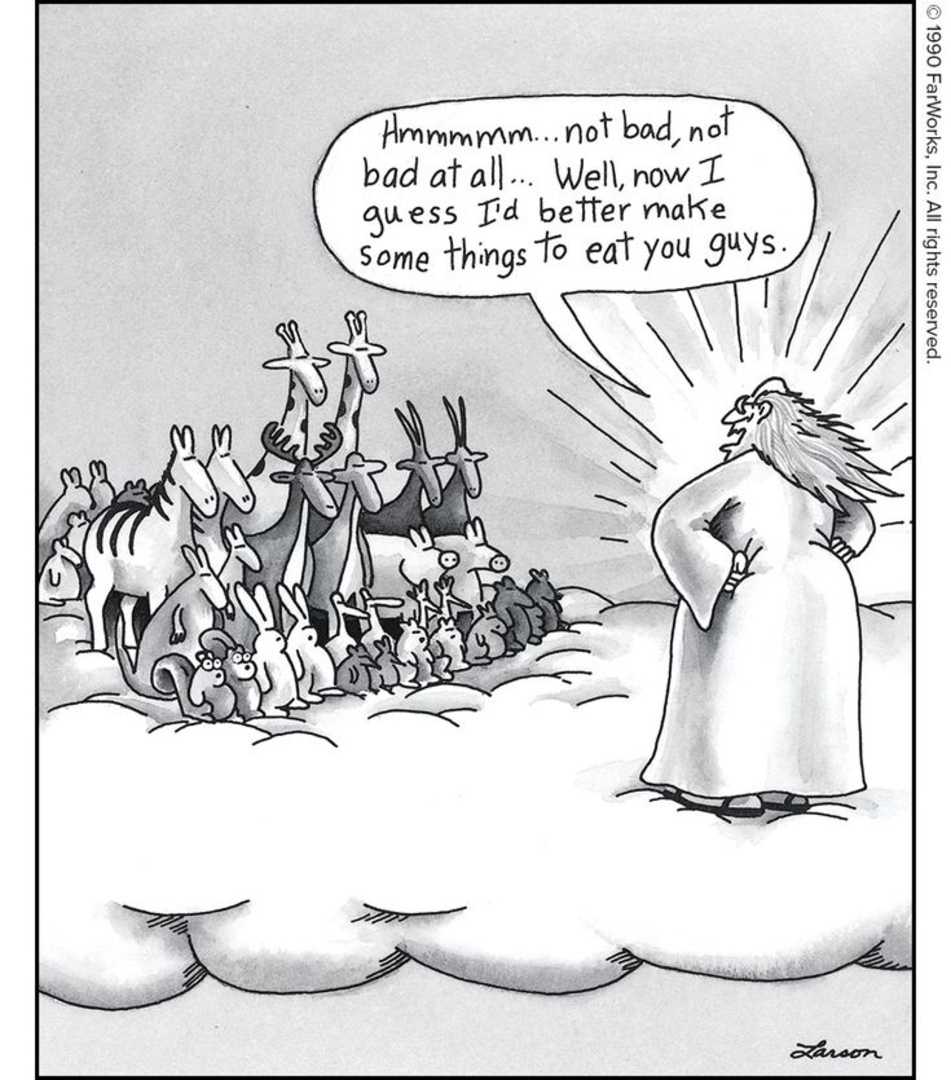 God telling newly created animals that he needs to create something to eat them