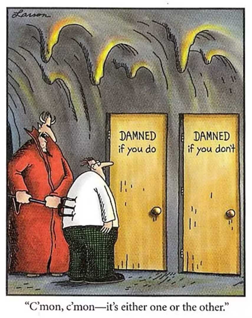 A man in Hell standing if front of two doors marked