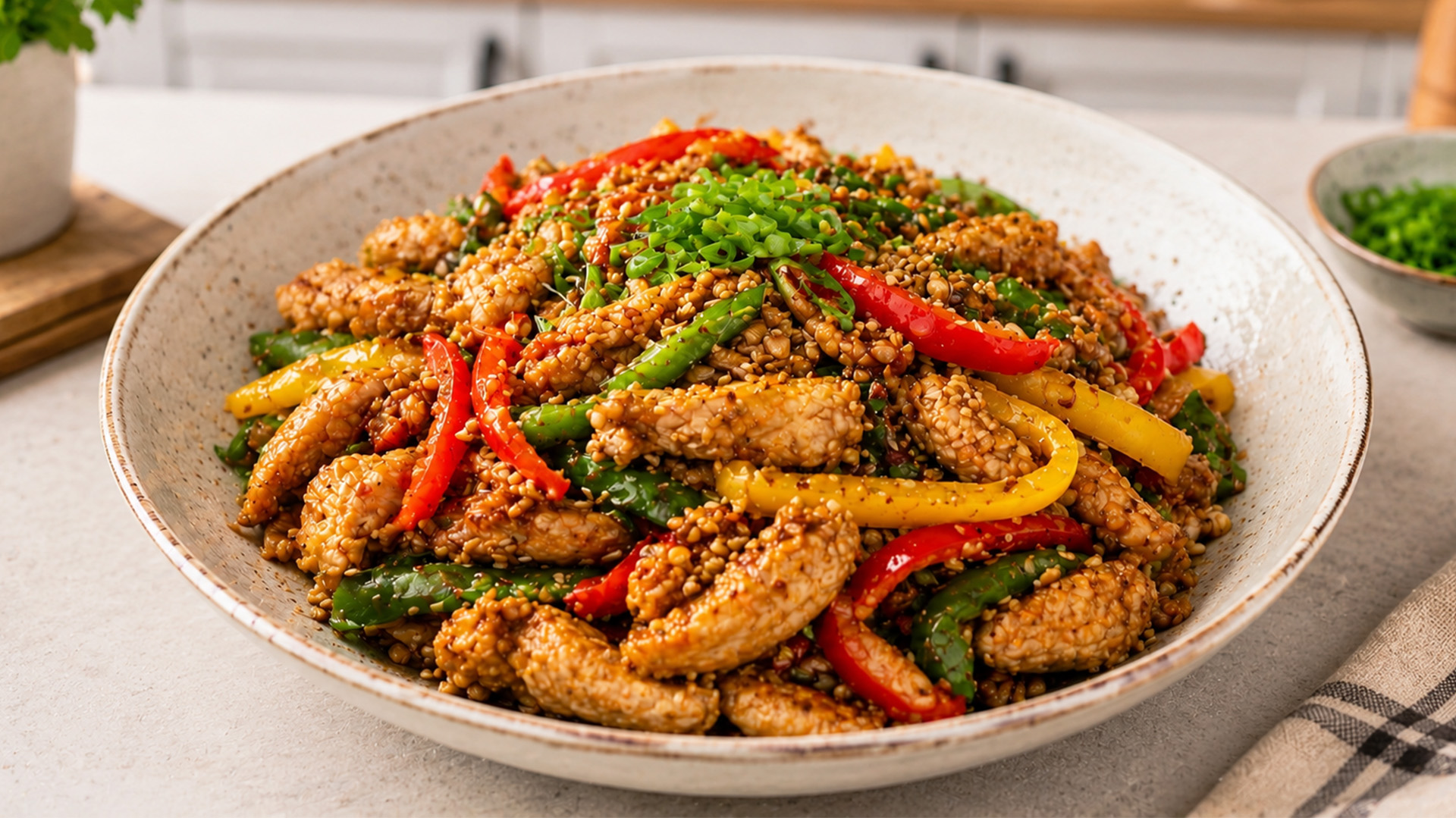 The quick chicken stir fry with colorful vegetables