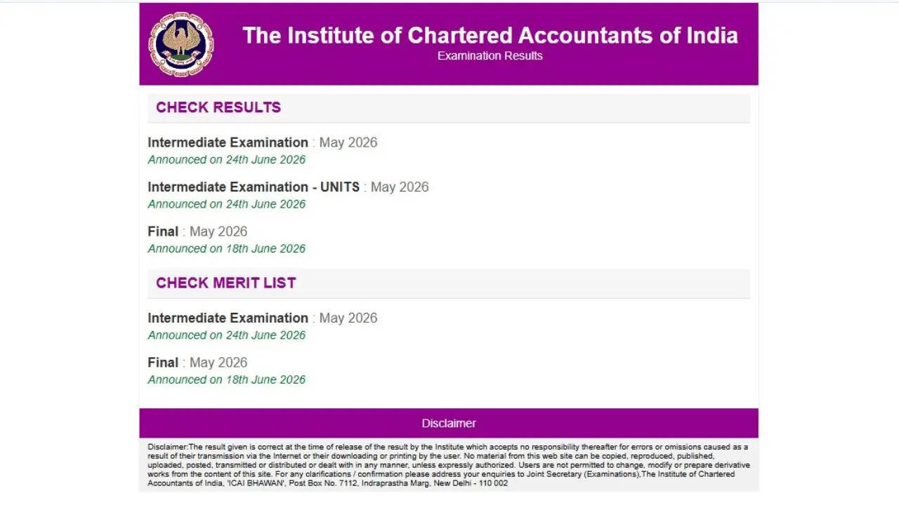 ICAI CA inter result May 2026 declared at icai.nic.in