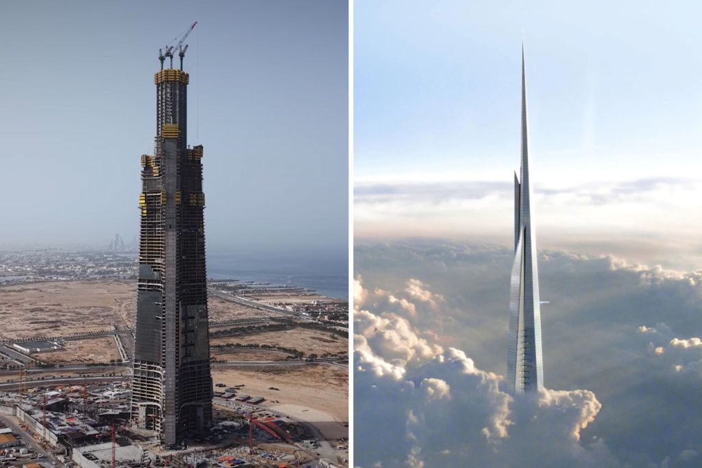 A view of the Jeddah Tower under construction in June (left); a rendering of the top of the tower (right).