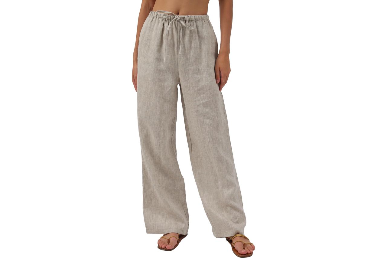 Amazhiyu Womens Pure Linen Summer Drawstring Flowy Wide Leg Pants with Pockets