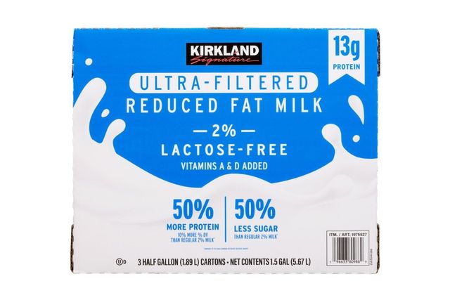 Kirkland Signature UltraFiltered Reduced Fat Milk packaging highlighting 2 lactosefree milk with 50 more protein and less sugar