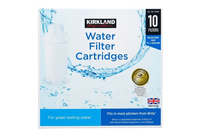 A box of Kirkland Signature water filter cartridges for Brita pitchers featuring 10 replacements and information about compatibility