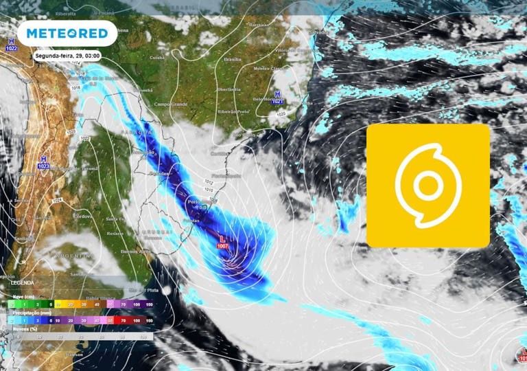 Previsão de pressão, nebulosidade e chuva na segunda-feira da semana que vem mostra a formação de um ciclone extratropical, com centro entre o Rio Grande do Sul e o Uruguai.