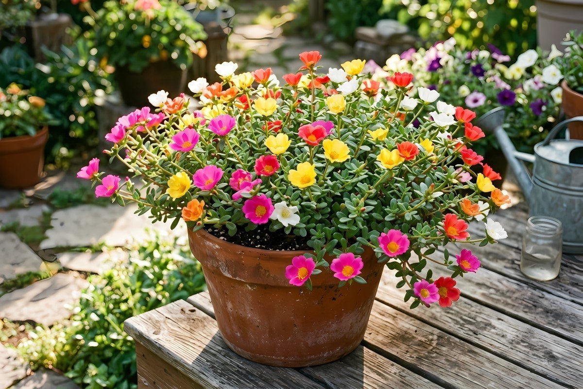 ortulaca flowers blooming in a terracotta pot on a sunny garden bench.
