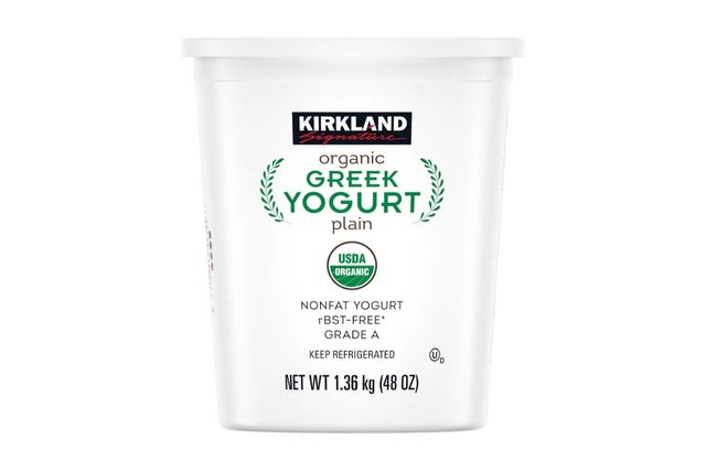 Kirkland Signature organic Greek yogurt container labeled plain