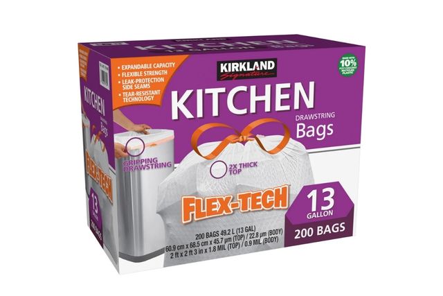 Kirkland Signature kitchen garbage bags box displaying FlexTech features