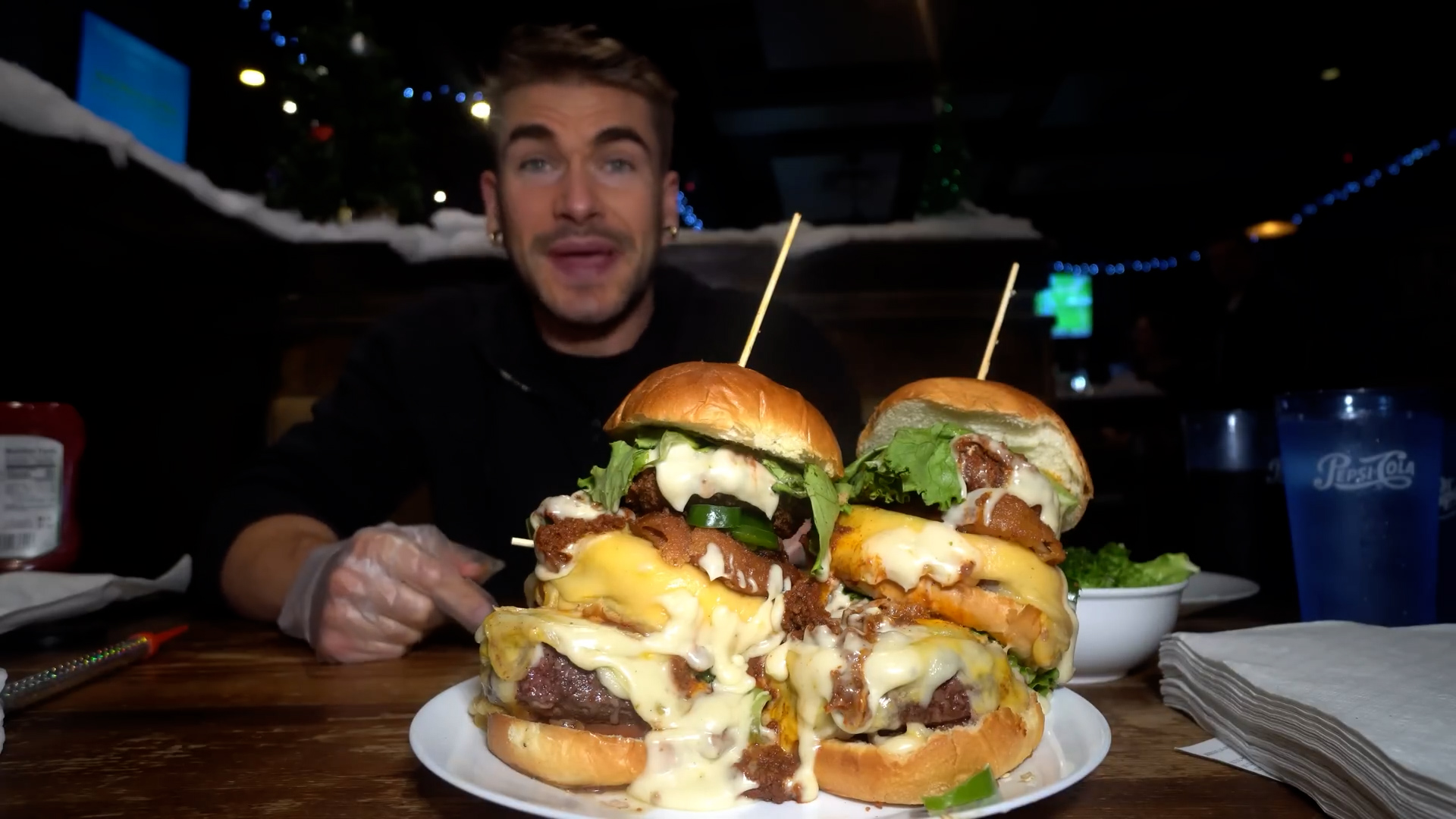He takes on massive burger tower challenge with 45 minutes to finish