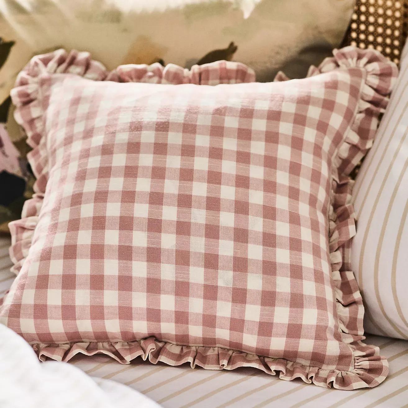 Ana Cotton Gingham Printed Ruffle Pillow