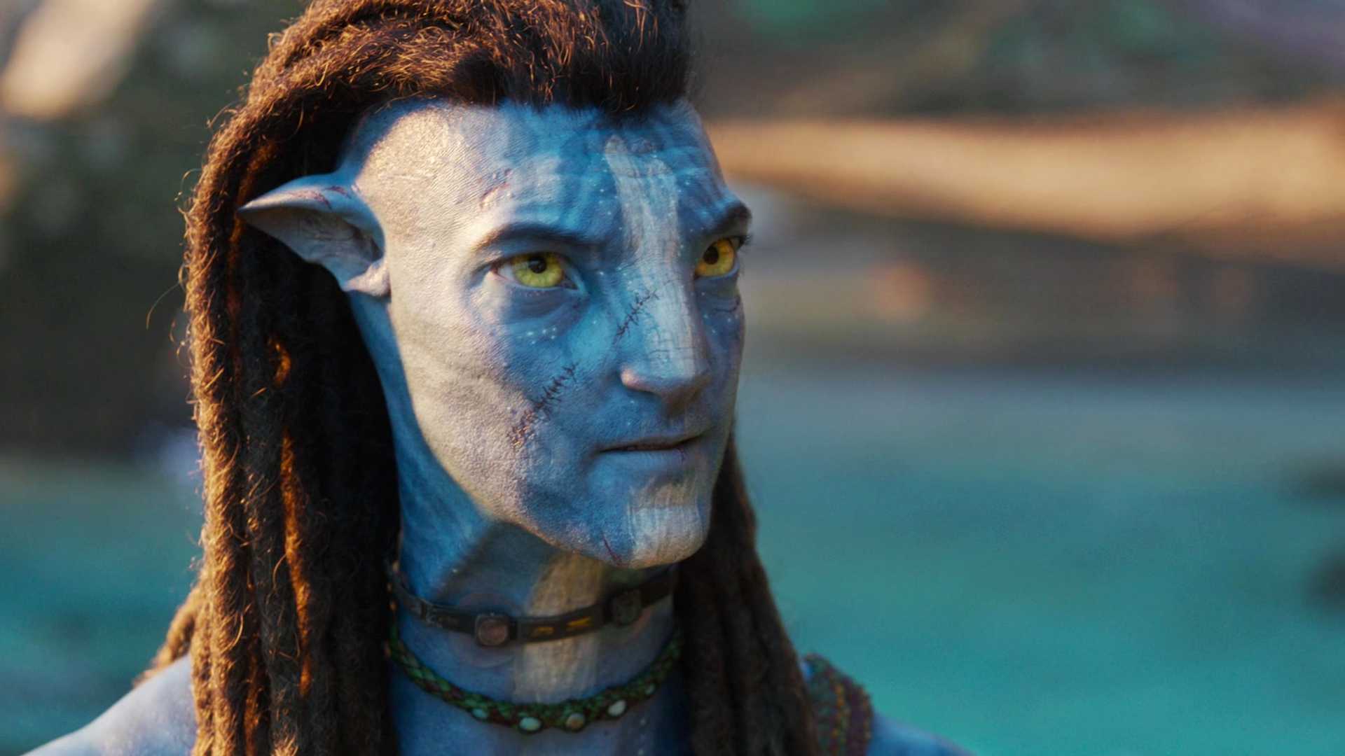 Sam Worthington looking serious as Jake in Avatar Fire and Ash