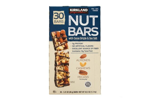 Box of Kirkland Signature Nut Bars featuring almonds cashews and pecans with a cocoa drizzle and sea salt