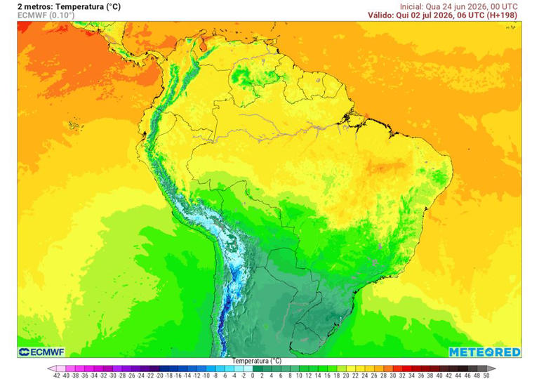 Previsão de temperaturas mínimas na quinta-feira da semana que vem (2 de Julho) mostra frio intenso na região Sul, com possibilidade de temperaturas negativas (pontos esbranquiçados).