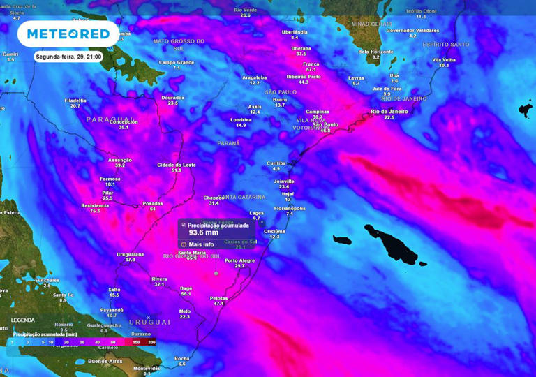 Previsão de acumulados totais de chuva até o final da próxima segunda-feira mostra que os volumes de chuva podem chegar perto dos 100 mm, ocasionando transtornos em 5 estados.