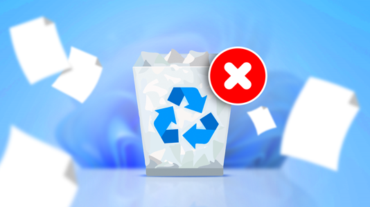 Illustration of the Windows Recycle Bin filled with paper sheets, featuring a large red 'X' icon over it on a windows 11 background.
