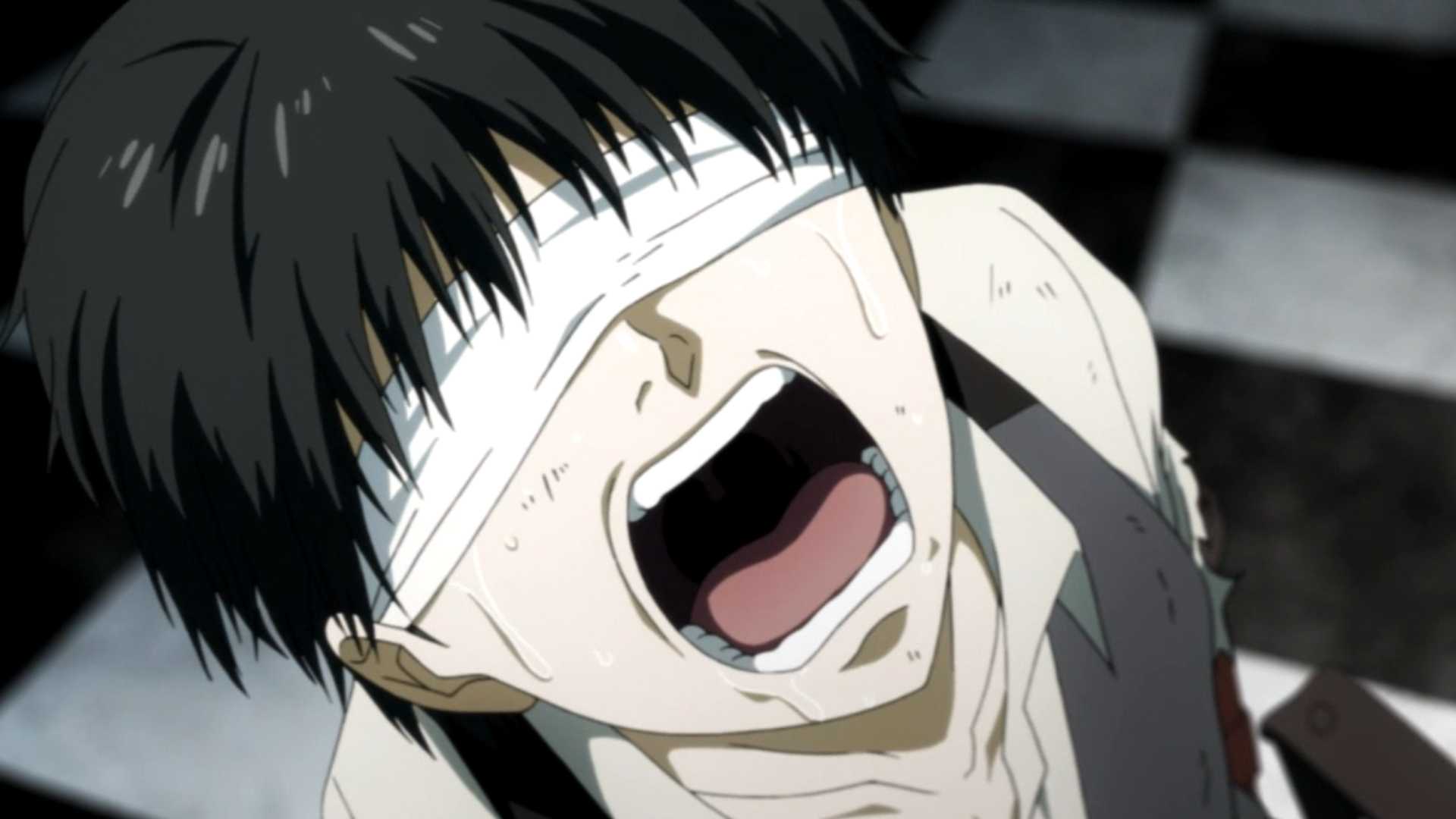 Ken Kaneki blindfolded and screaming in Tokyo Ghoul anime