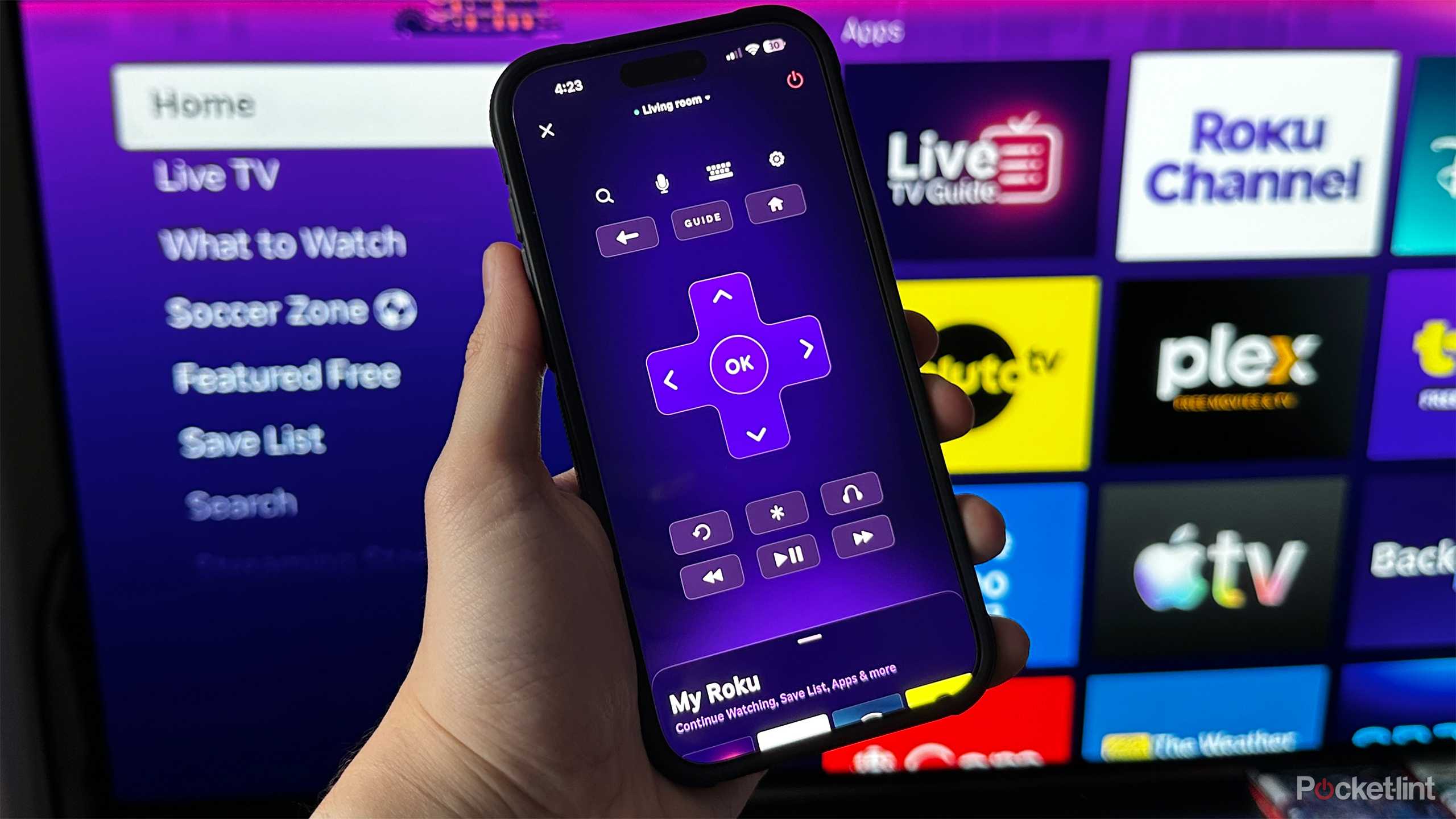 iPhone with Roku app open.