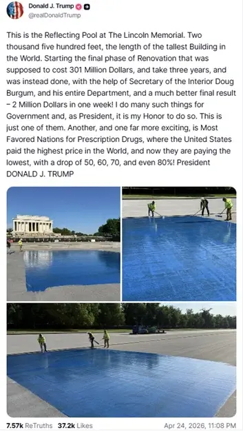 Trump cries vandalism as green water and dead ducks plague reflecting pool