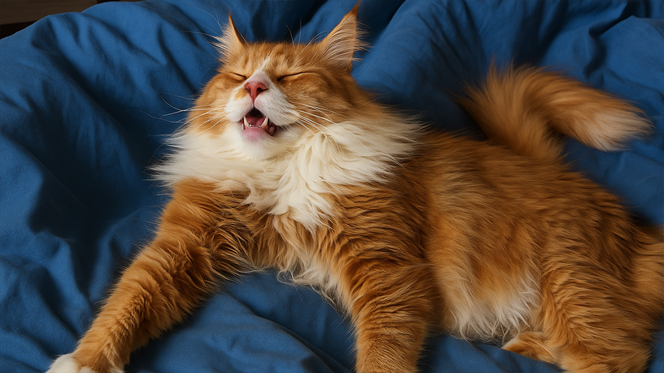 Fluffy cat lying on bed with mouth open