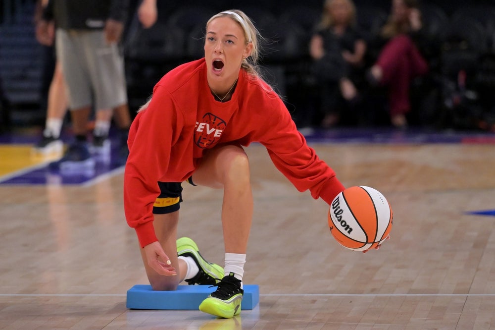 May 13, 2026; Los Angeles, California, USA; Indiana Fever guard Sophie Cunningham (8) warms up prior to the game against the Los Angeles Sparks at Crypto.com Arena. Mandatory Credit: Jayne Kamin-Oncea-Imagn Images