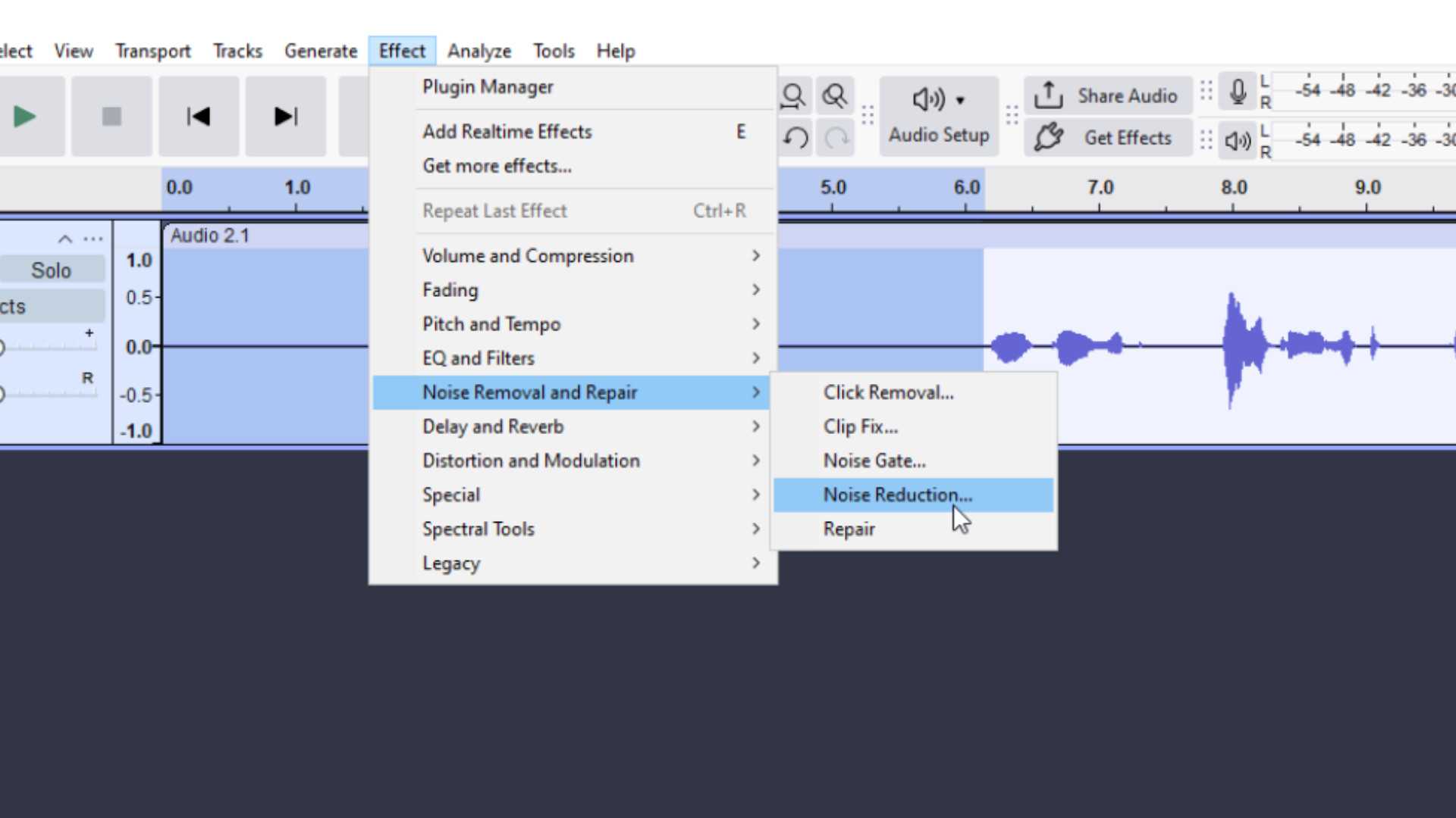 Selecting the correct menu in Audacity