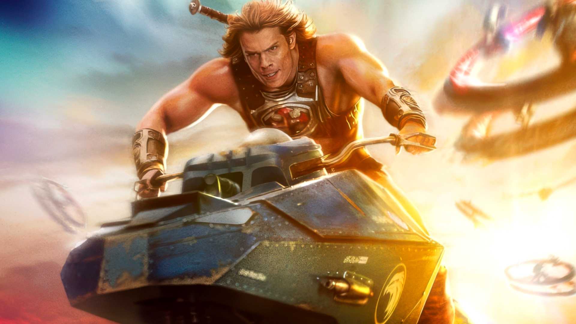 Nicholas Galitzine as He-Man driving a flying vehicle on the IMAX poster for Masters of the Universe