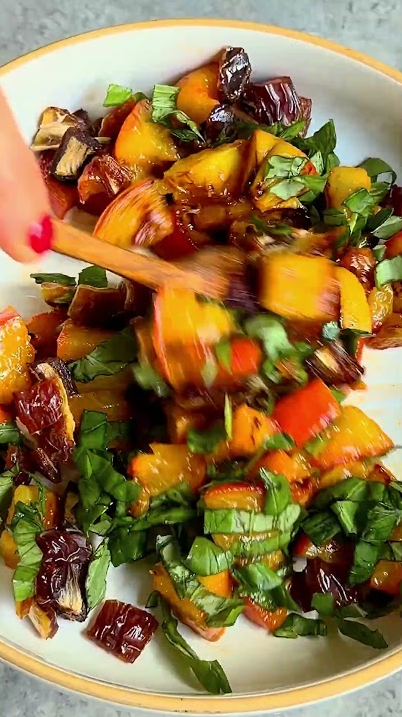 Charred peach basil date salsa with whipped cheese