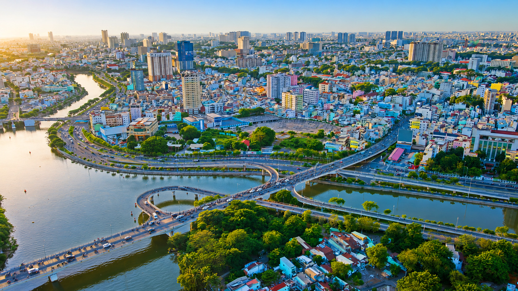 Why is this modern city split by roads and rivers?