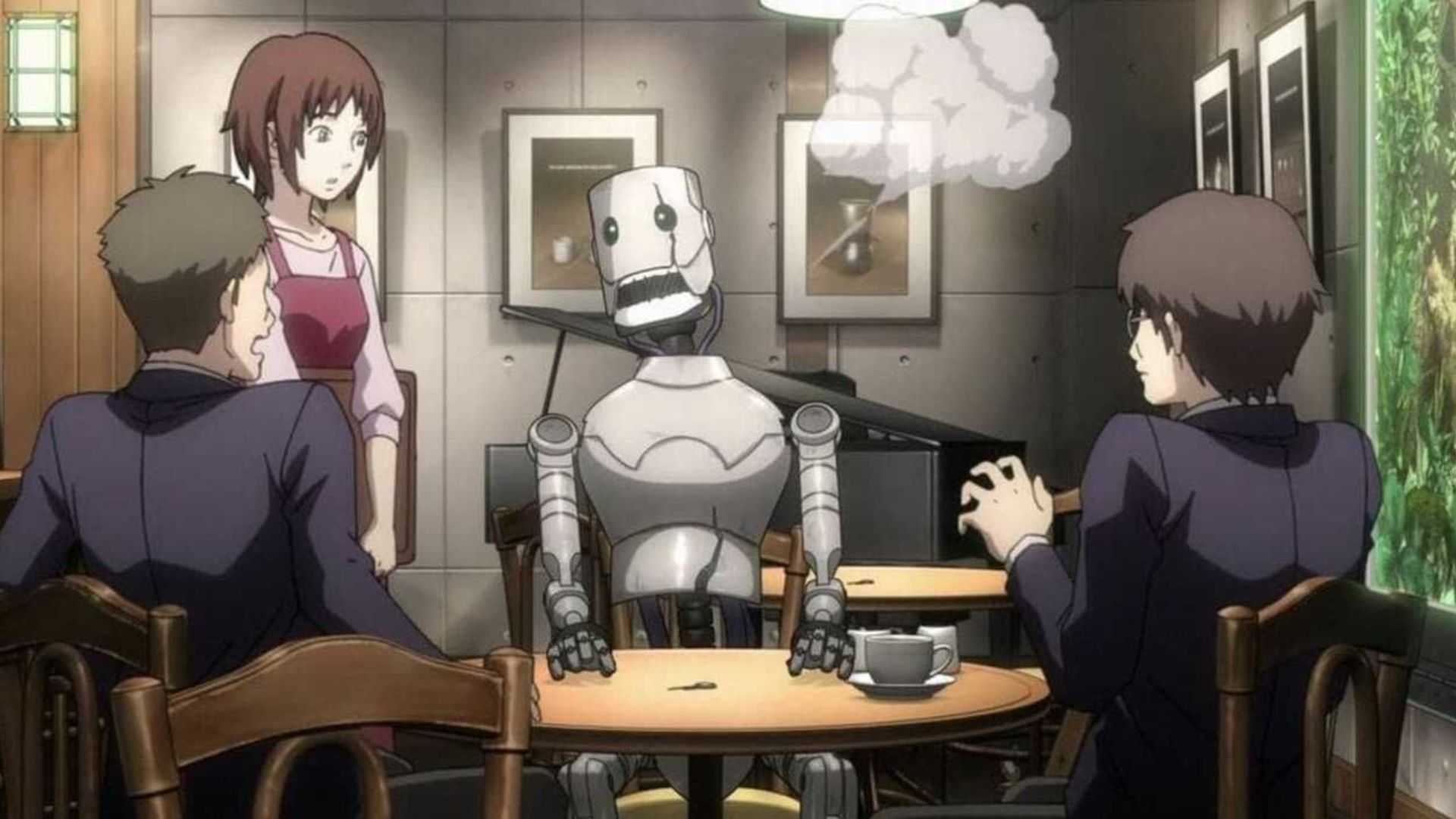 People and a robot chatting at the cafe in Time of Eve.