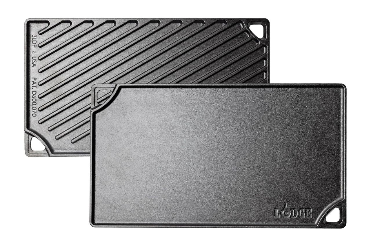 Lodge Reversible Cast Iron Grill/Griddle Pan 16.75 x 9.5 - Pre-Seasoned Dual-Sided Double Burner