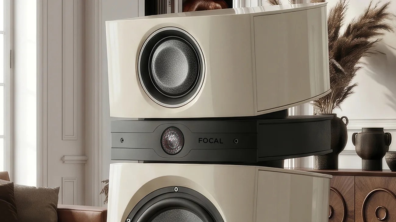 Glossy cream-colored Focal speaker with black midrange and woofer drivers in a living room setting.
