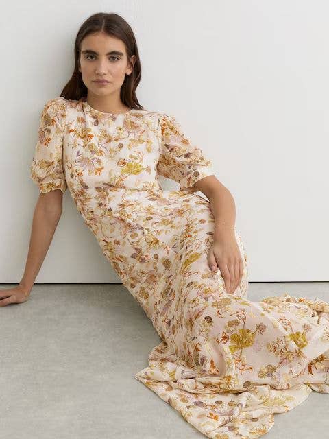 Floral-Print Metallic-Thread Maxi Dress in Ivory
