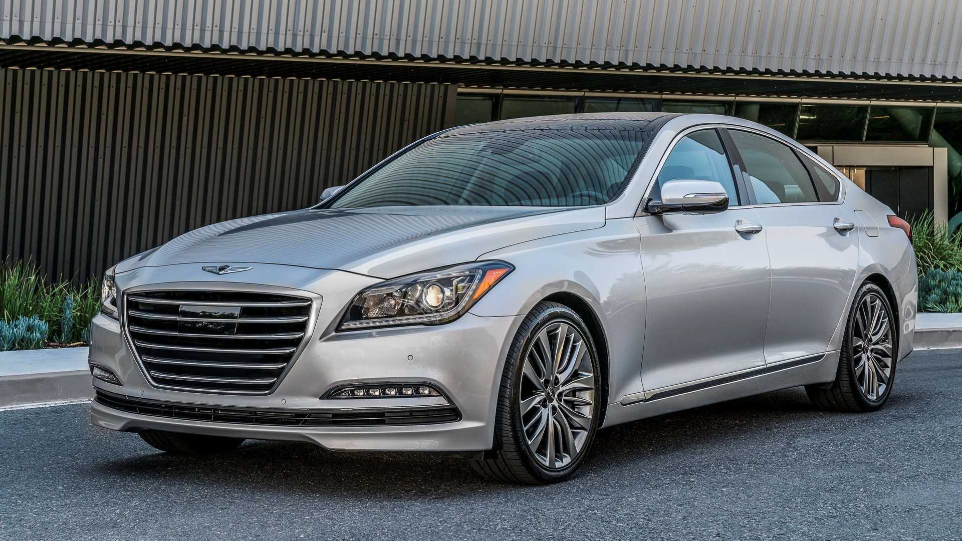 A front 3/4 still shot of a silver 2017 Genesis G80 5.0