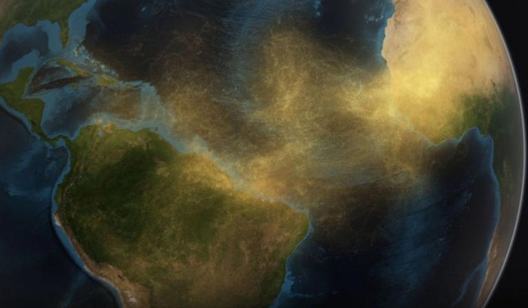 Imagen de satélite que muestra el viaje transatlántico del polvo sahariano.