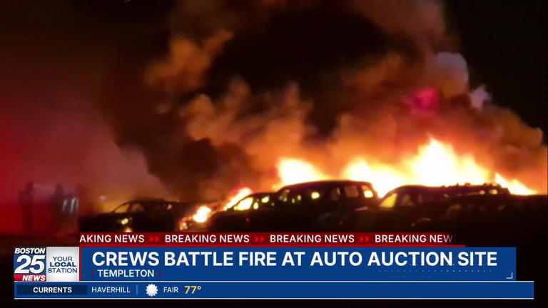 60 cars engulfed in flames in raging fire at Massachusetts auto auction ...